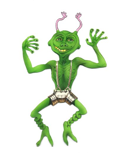 Green alien from Fed2 space trading game - those metal shorts look so uncomfortable!